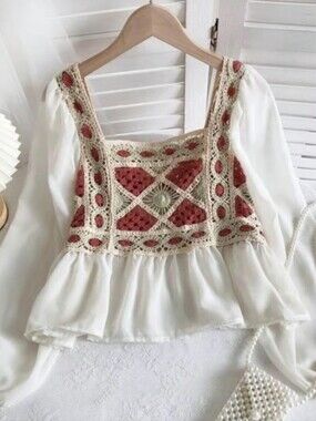 Boho Crochet Square Peplum Blouse